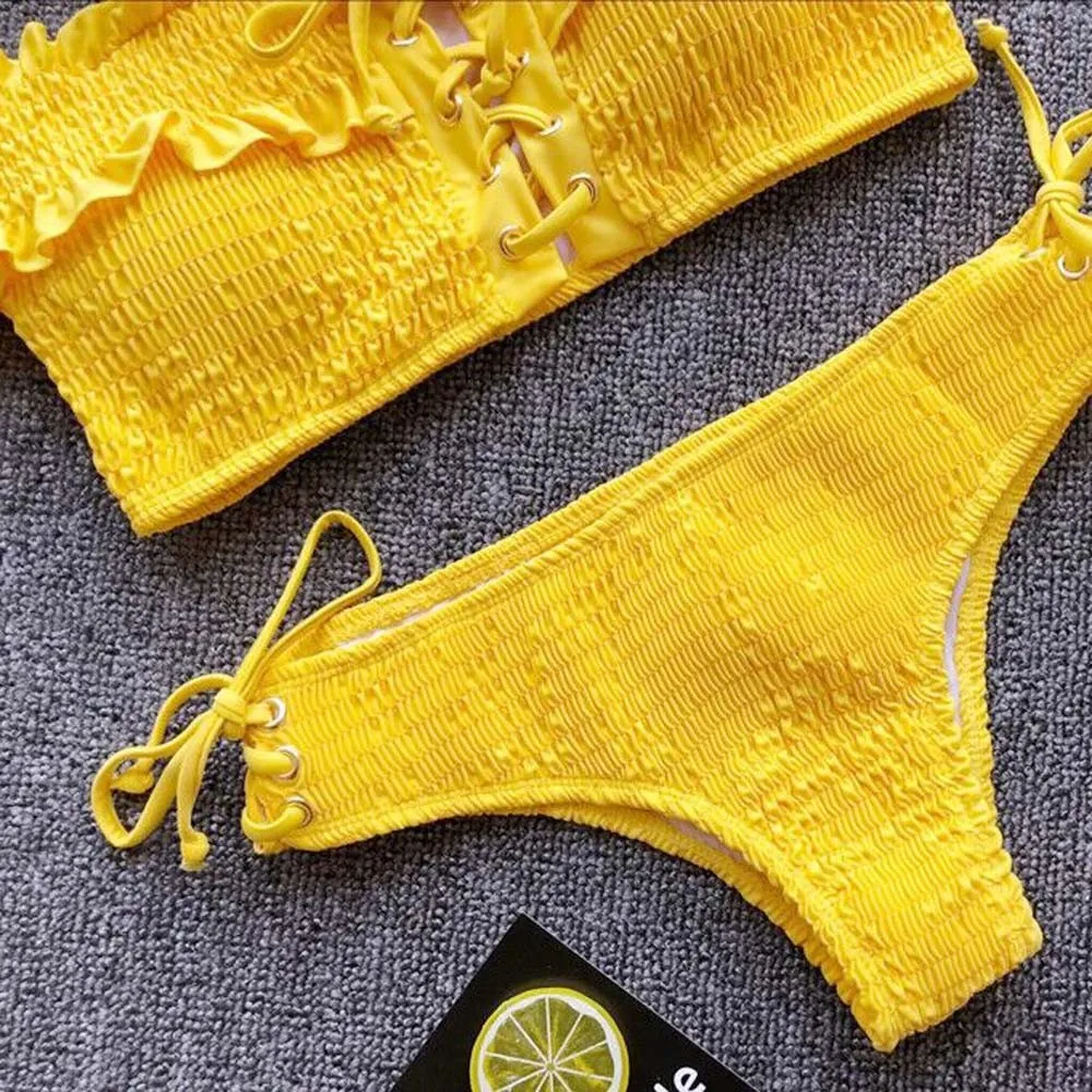 

Women Sexy swimwear women Folds Bandage Bikini Set Push-Up Padded Swimwear Swimsuit Beachwear biquini 0.95#sw