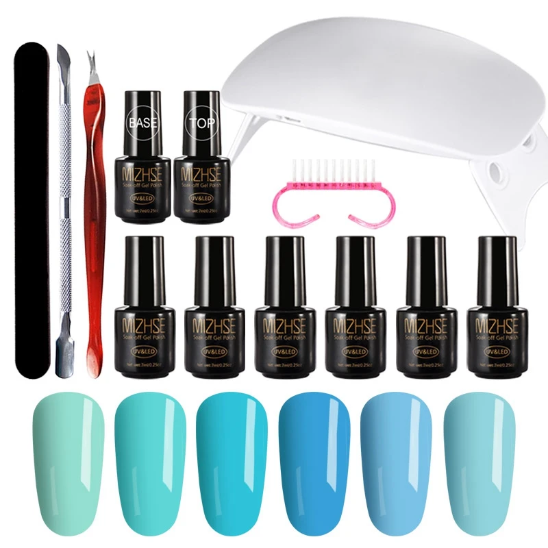 

MIZHSE Nail Set with UV Led Lamp 6W Manicure Pedicure Accessories Manicure Tool Set 6 Bottles Nail Gel Polish Kit Hybrid Lamp