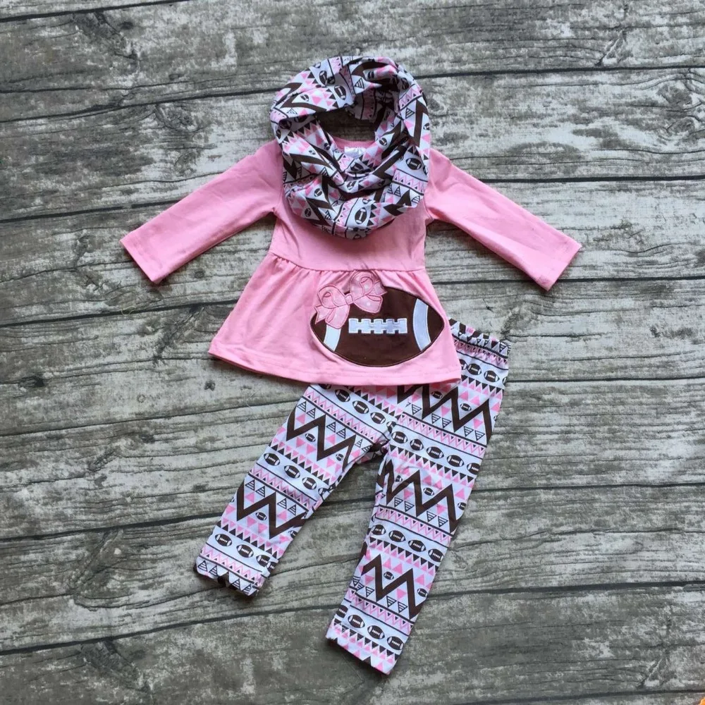 

2016 new free shipping FALL/Winter baby girls OUTFITS 3 pieces scarf pink football top bow Aztec pant boutique clothes sets