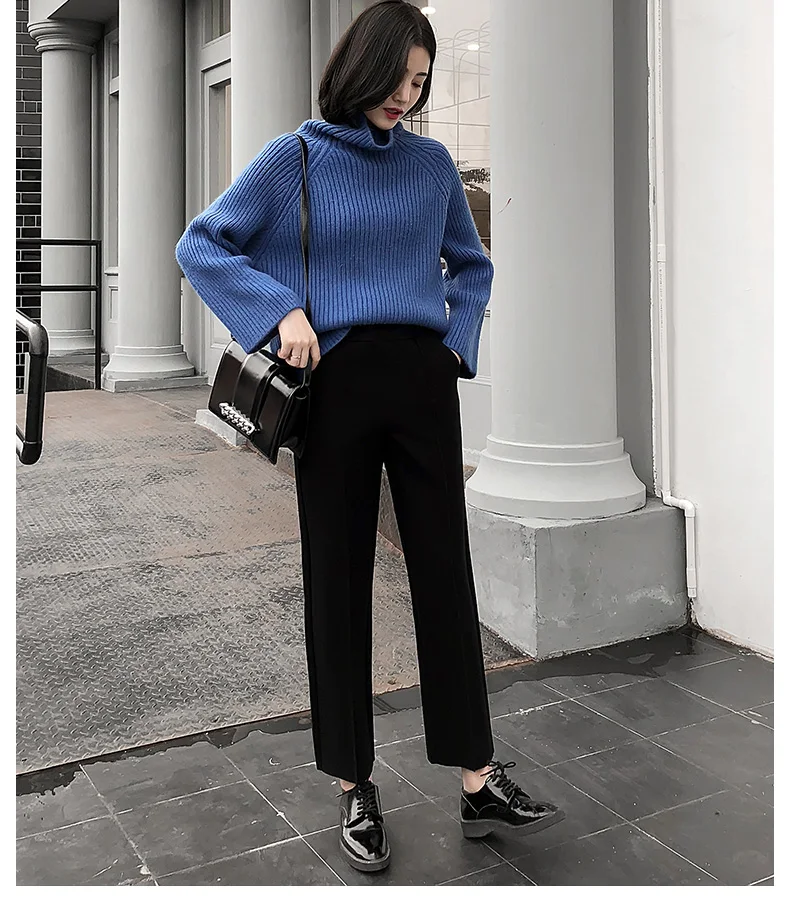 

2019 Korean New Autumn Winter Women Wide-legged pants Ankle-length Pants Casual Thin Solid black pants