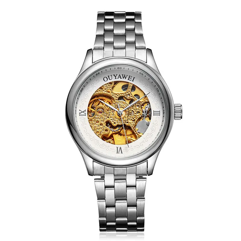 

Hot Sale Automatic Mechanical Watch Men Steel Skeleto Gold Silver Mens Wristwatch Luminous Slef-Wind relogio masculino