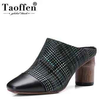 

TAOFFEN Size 33-40 Women Genuine Leather High Heel Mules Shoes Square Toe Striped Round Heels Pumps Shoes Women Footwear