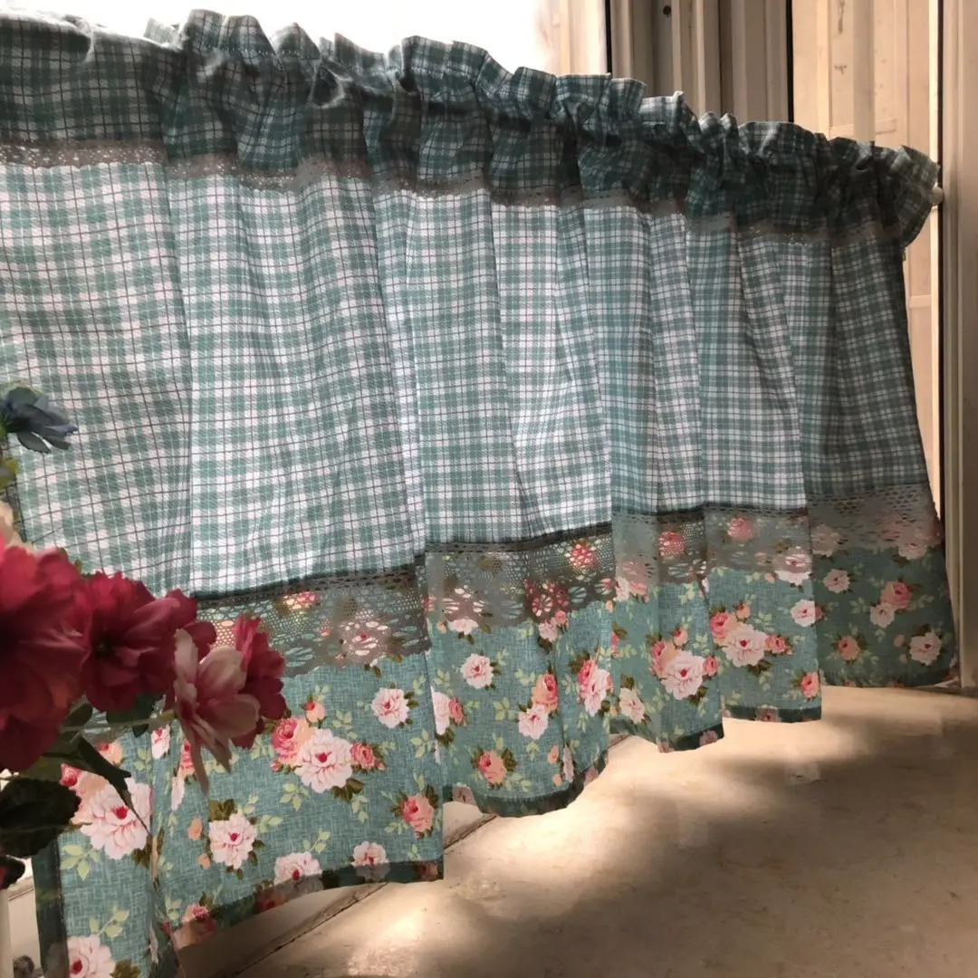 

Nordic Style Cotton Blue Green Plaid Lace Splice Floral Printed Kitchen Curtain Coffee Curtain Decorative Dust-proof Curtain