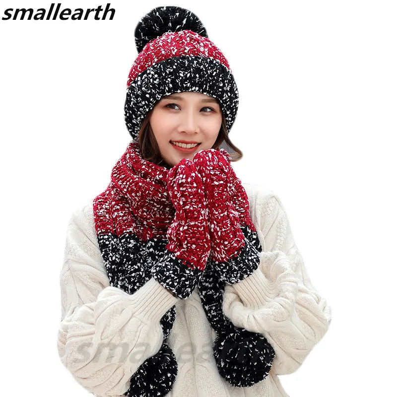 

Warm 3 Pieces Set Winter Hats Scarf Gloves For Women Girls Thick Cotton Winter Accessories Hats Sets Female Beanie Scarf Gloves