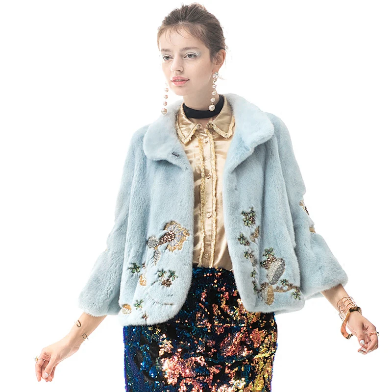 M.Y.FANSTY Winter Imported Swan Velvet Mink Coats Flare Sleeve Bead Mandarin Collar Real Fur Short Causal Women Mink Fur Coats