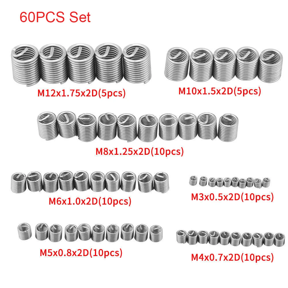 Комплект для ремонта резьбы из нержавеющей стали M3 M4 m5 m6 m8 m10 m12 износостойкая проволочная втулка WXV распродажа - Цвет: 60PCS Set