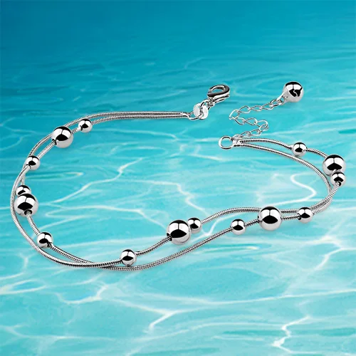 925 sterling silver anklets female sterling silver jewelry double transit beads pure real silver anklet