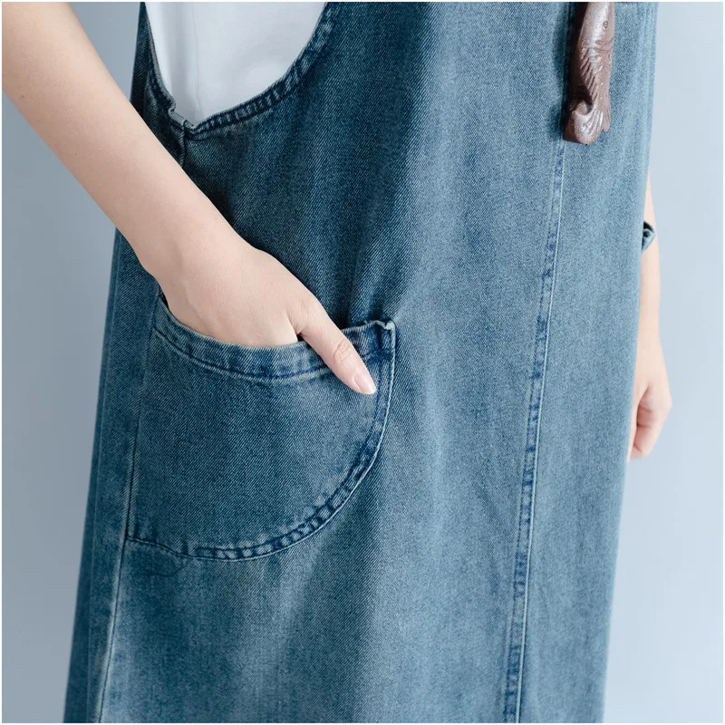 Spring Summer Long Dress Women Casual Vintage Maxi Suspender Plus Size Denim Jeans Dress Pockets Elegant Ladies Denim Dress Q311