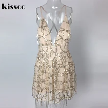 Sexy Hollow Out Backless Mini Sequined Summber Beach Dress Deep V Neck Cross Adjustable Straps Pleated Mini Dress with Knickers