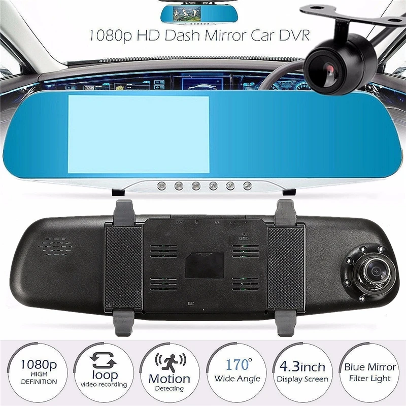 F8C 4.3inch 1080P HD Dual Lens G-sensor 170 Rear View Mirror Car DVR Parking Camera Recorder Dash C