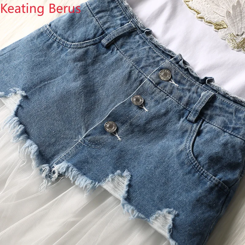 2019 Summer Women's Two-piece White Short-sleeved Round Neck Swan T-shirt Long Section Denim Stitching Mesh Skirt Two-piece Suit