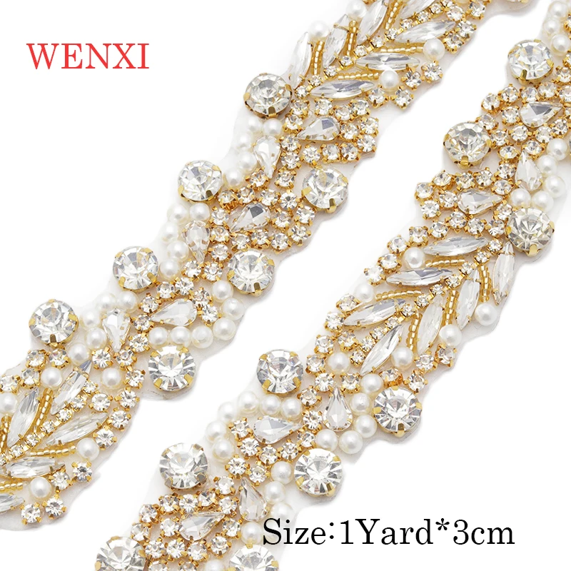

WENXI 5YARDS Wholesale Iron On Silver Bridal Belt Sewing Beaded Crystal Rhinestone Applique Trim For Wedding Dress Sash WX931