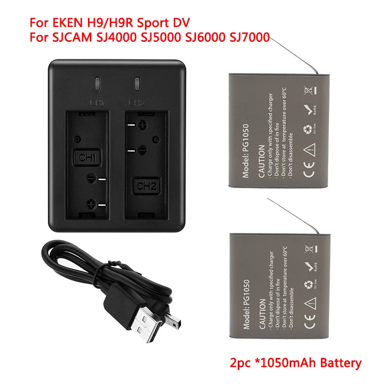 2pc 1050Mah Sport Action Camera Battery For EKEN H9 H9R H3R H8PRO H8R pro SJCAM SJ4000 SJ5000 Sport Mini DV Bateria+Dual Charger