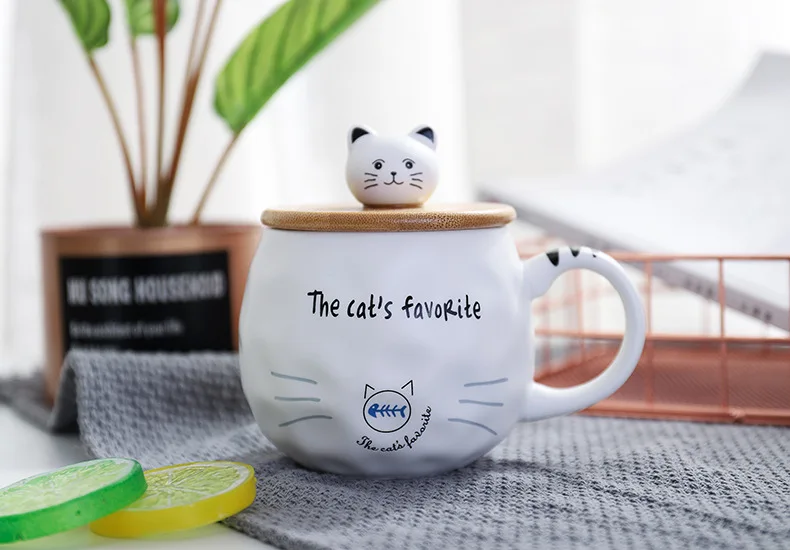 400 мл креативная керамическая кружка с рисунком кота из мультфильма с крышкой и ложкой, милая кофейная чашка, чашки для питья дома и офиса, забавные кружки, кружка для чая и молока