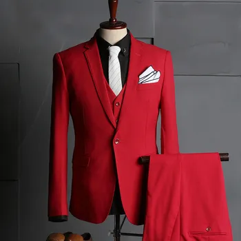 

2019 Men's Casual Suit Korean Version of The Wind Slim Stripe Red Wine Suit Three-piece Groom Groomsmen Wedding Banquet Dress