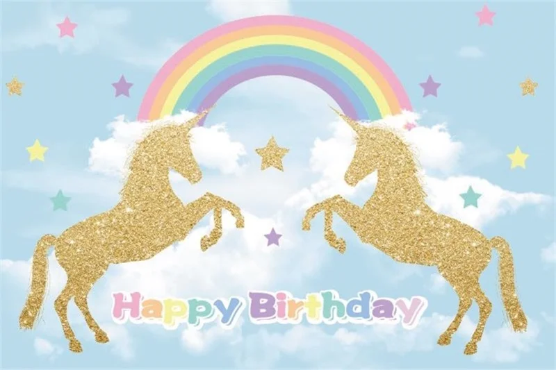 Laeacco Gold Unicorn Party Backdrops Baby Birthday Rainbow Star Cloud Poster Pattern Photography Backdrop Photocall Photo Studio