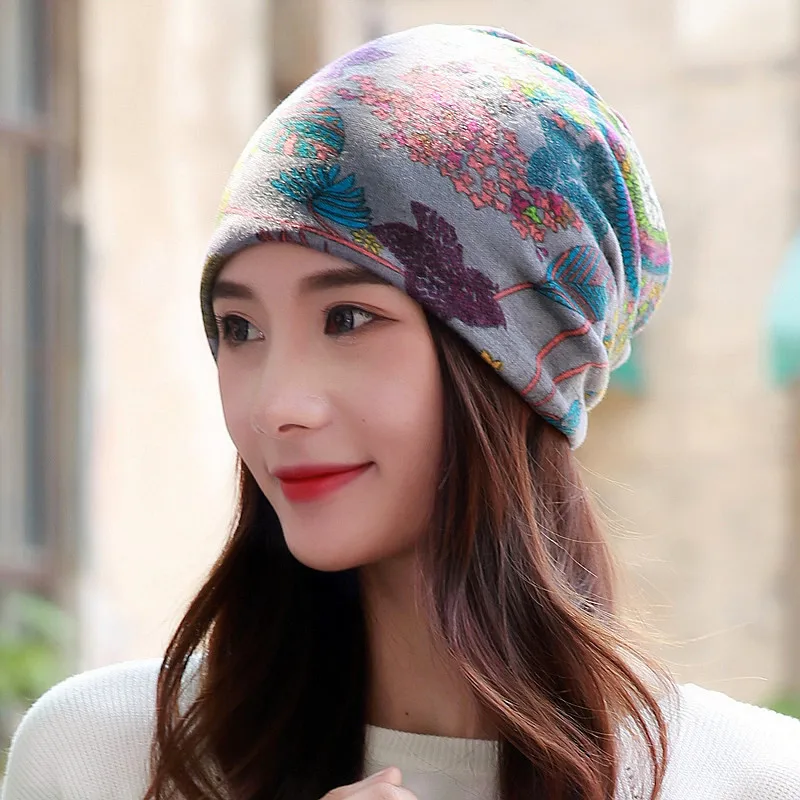 Long Keeper Hot! Women Hat Polyester Adult Casual Floral Women Hats Spring Autumn Female Cap Scarf 5 Colors Fashion Beanies - Цвет: flower Grey