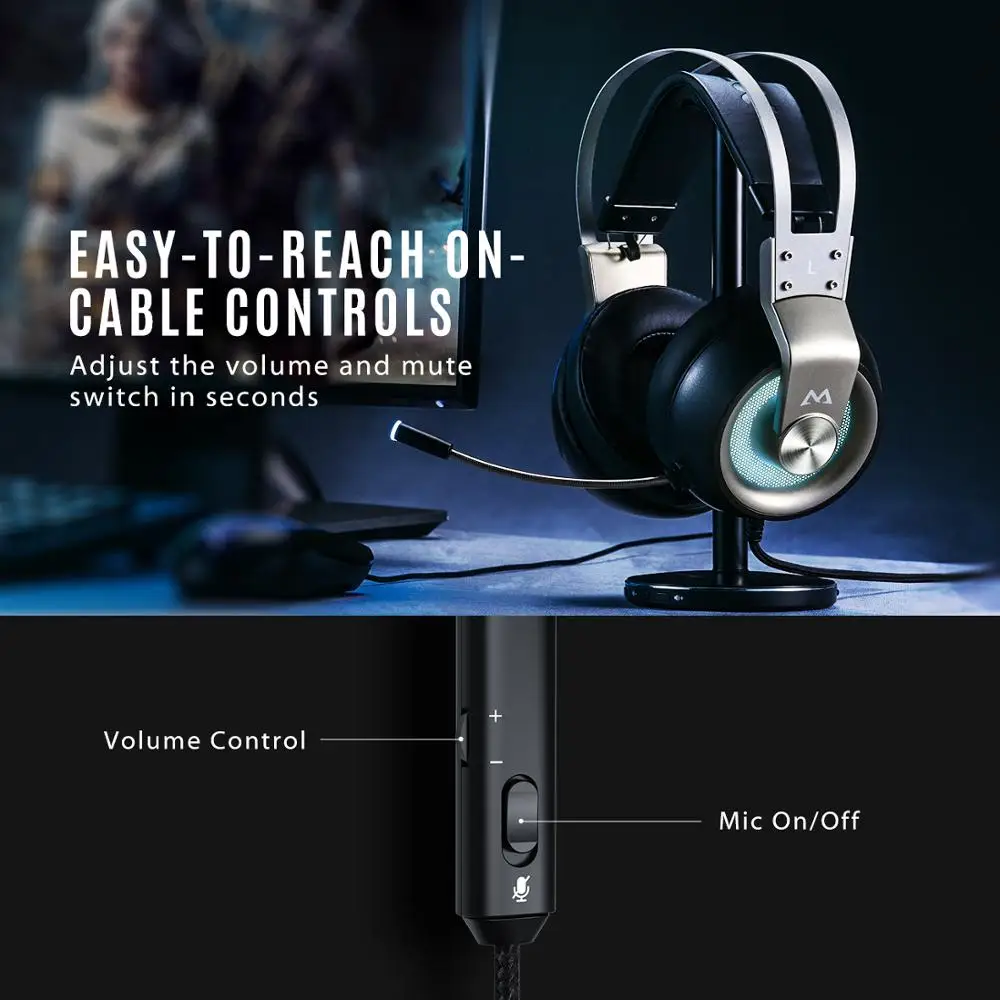 Mpow EG3 Pro Gaming Headphones For iPad PS4 PC Laptop Tablet Phones 3.5mm Jax & USB Cable Support Volume/Mic Control 50mm Driver