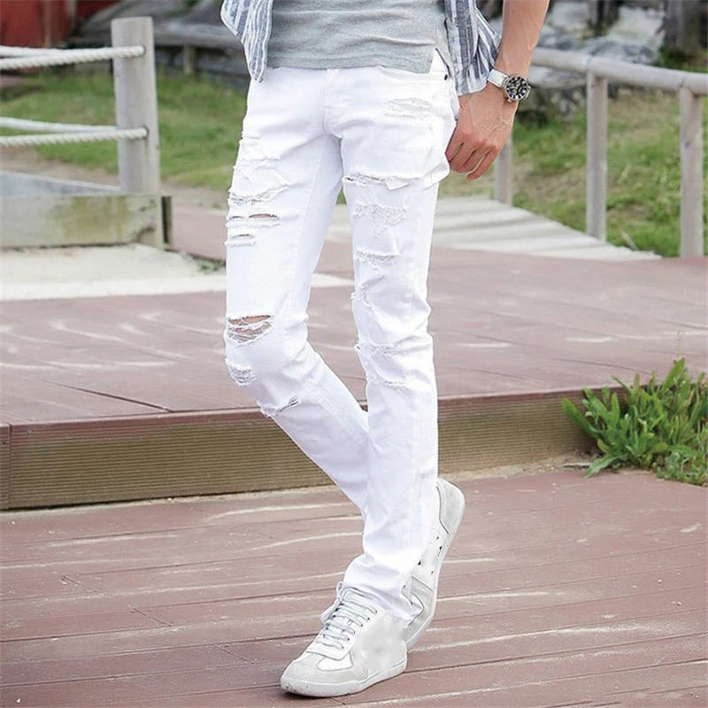 

New White Ripped Jeans Men With Holes Super Skinny Famous Designer Brand Slim Fit Destroyed Torn Jean Pants For Male