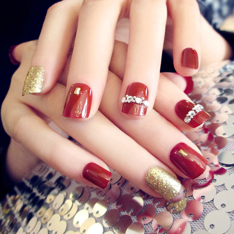 Short Size Fake Nails Gold Rhinestones Diy Nail Art Squoval Golden