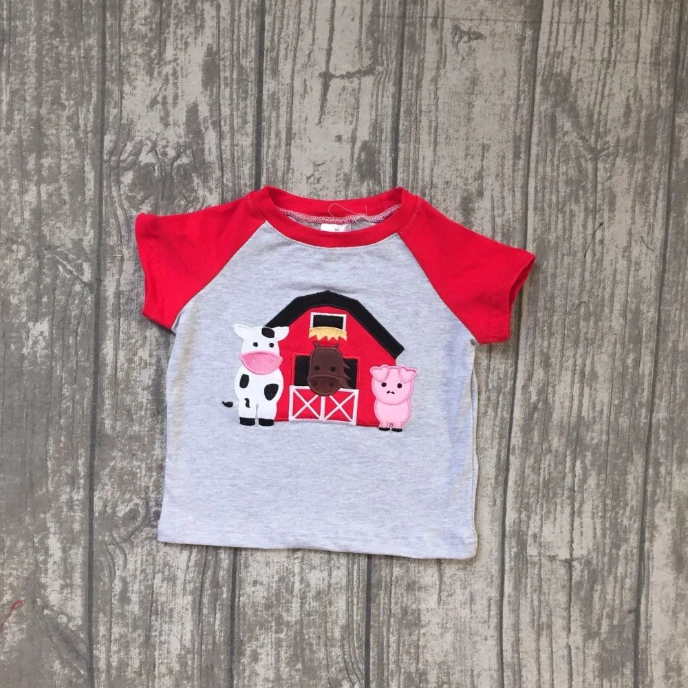 

hot sell 2018 new arrival animal farm boy short sleeves top red with grey boutique outfit 1T-8T available