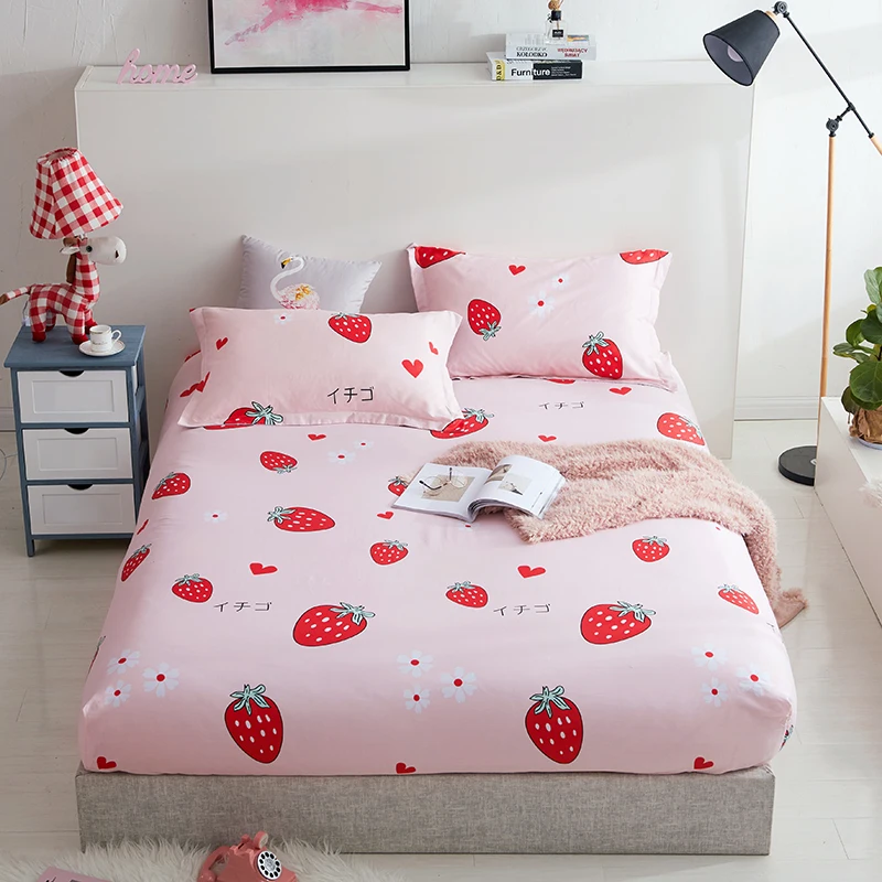 

3Pcs 100% Cotton Cartoon Red Strawberry Pattern Solid Fitted Sheet Mattress Cover Four Corners With Elastic Band Bed Sheet Size