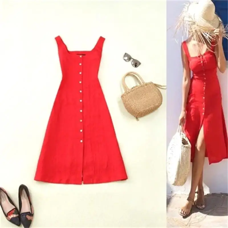 

Fashion Leisure dress Female summer New high quality Holiday wind linen retro waist long section was thin red vest dress women