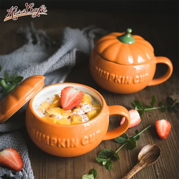 

1pc Cute Coffee Mug Ceramic Cup Drinking Cup with Lid Milk Mugs Breakfast Oatmeal Cup Funny Pumpkin Cup Halloween Gift caneca
