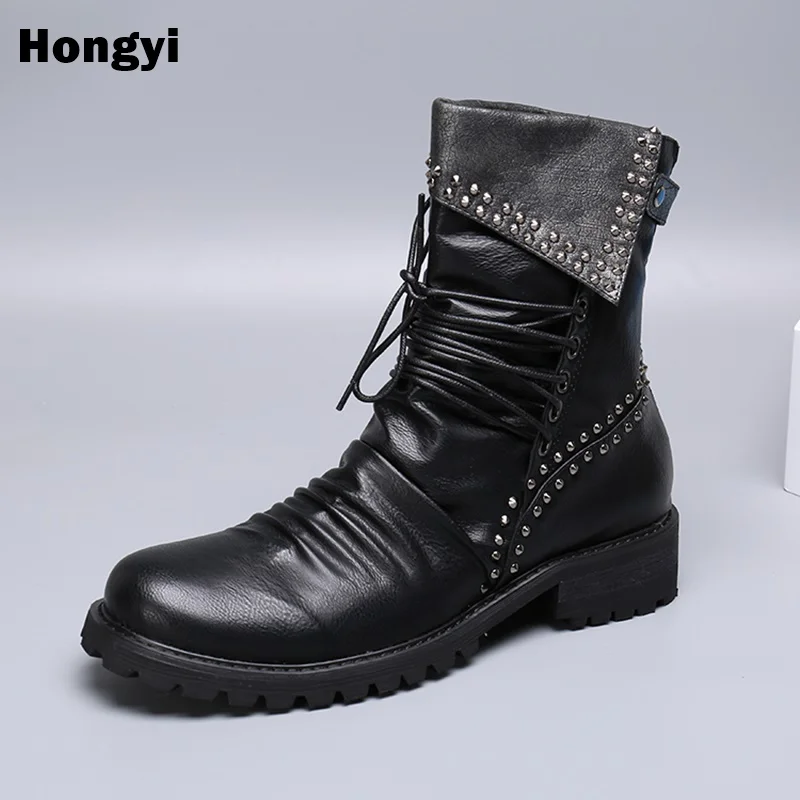 Side Homens Metal Da Color De Baixo Up Boots Zipper À Ankle Showed Designer Feitos As Motocicleta Lace Do Dos Novos Botas Salto Couro Mão vqOZdv4