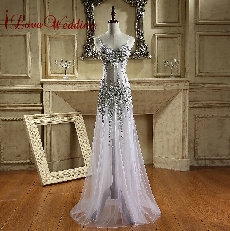 

Luxury Spaghetti Straps Crystal Prom Dresses Tulle Rhinestones Illusion Mermaid Long Prom Dress Formal Evening Gowns Real Sample