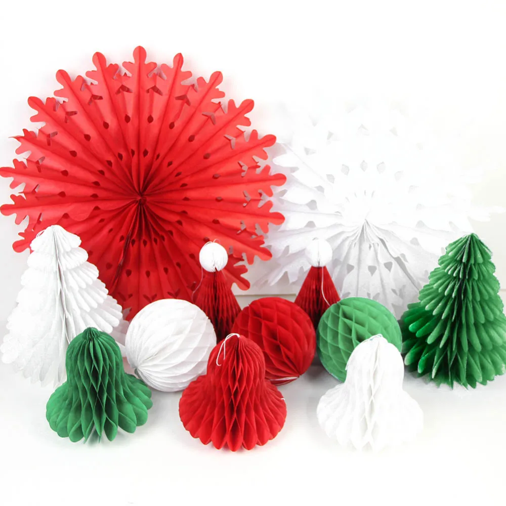 Набор из 12 Смешанные рождественские украшения бумажные соты дерево/мяч/колокол/Hat/украшения-снежинки украшения из сот