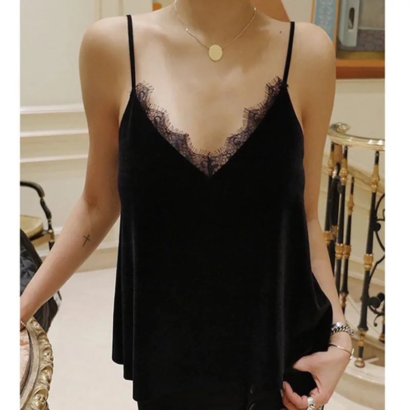 2018 Women's Shirt Sexy Black Lace Patckwork Velvet Camisole V Neckline Spaghetti Strap Fashion Vest Ladies Casual Cami Tank Top 2018 Women's Shirt Sexy Black Lace Patckwork Velvet Camisole V Neckline Spaghetti Strap Fashion Vest Ladies Casual Cami Tank Top