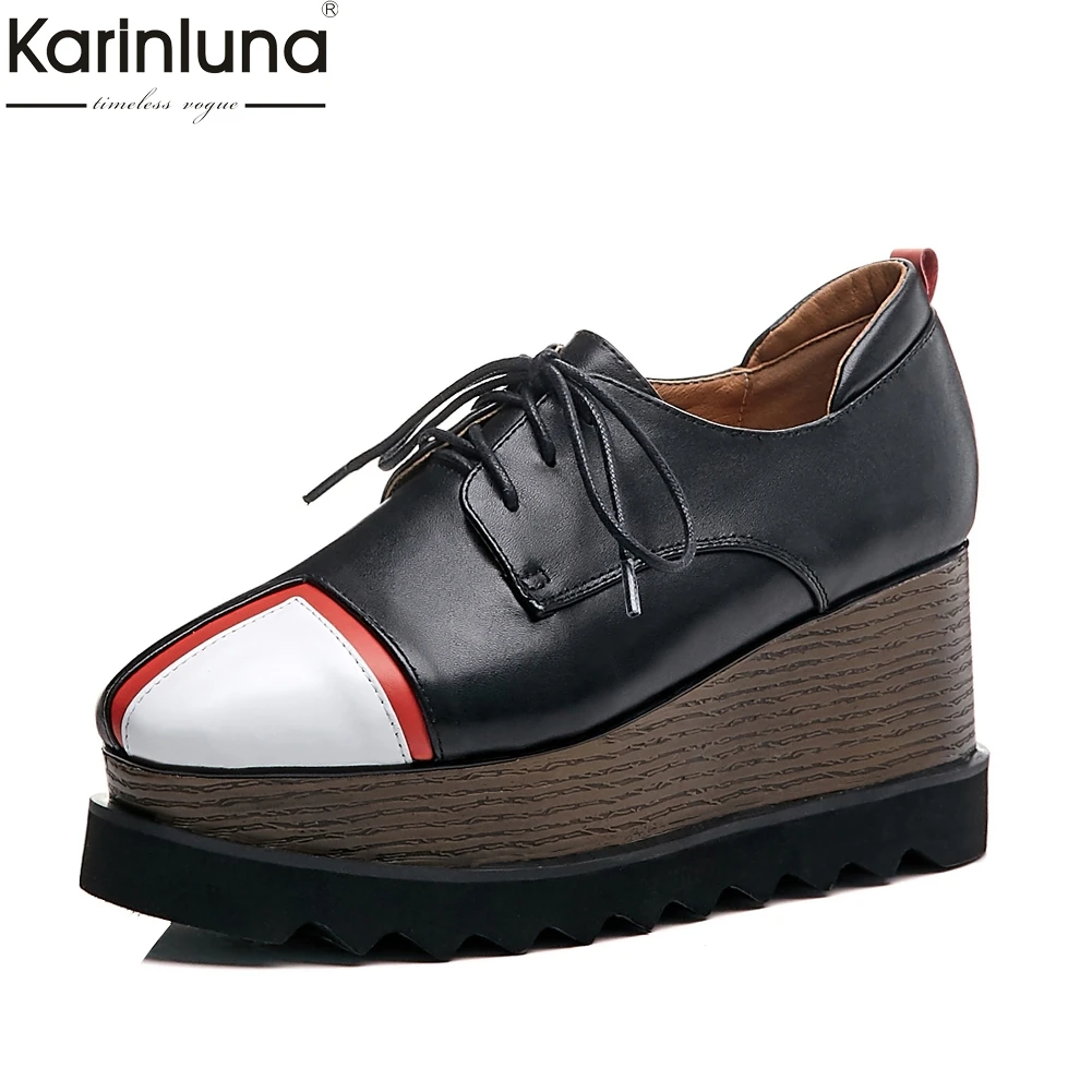 

brand design big size 42 natural cow genuine leather flat platform woman shoes girls shoelaces leisure shoes woman flats 2019