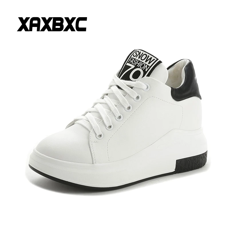 

XAXBXC 2018 Winter Leather Patchwork Lace Up Waterproof Increasing Platform Wedges Casual Women Sneakers Flat Vulcanized Shoes