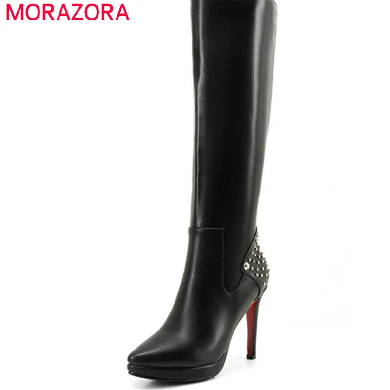 

MORAZORA 2018 genuine leather autumn winter shoes woman pointed toe short plush knee high boots platform high heels lady boots