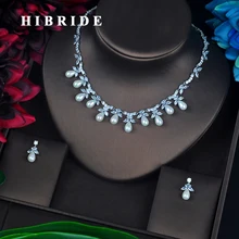 HIBRIDE Luxury Design Fashion Pearl Pendant Earrings Necklace Austrian Crystal White Gold Color Women Bridal Jewelry