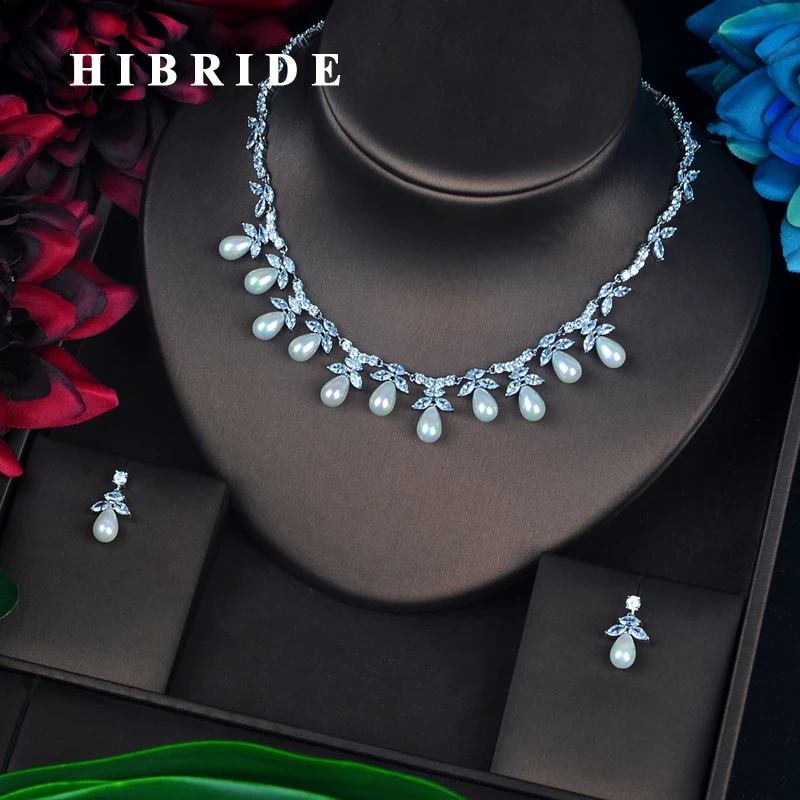 HIBRIDE роскошные дизайнерские модные жемчужные серьги/ожерелье с австрийским