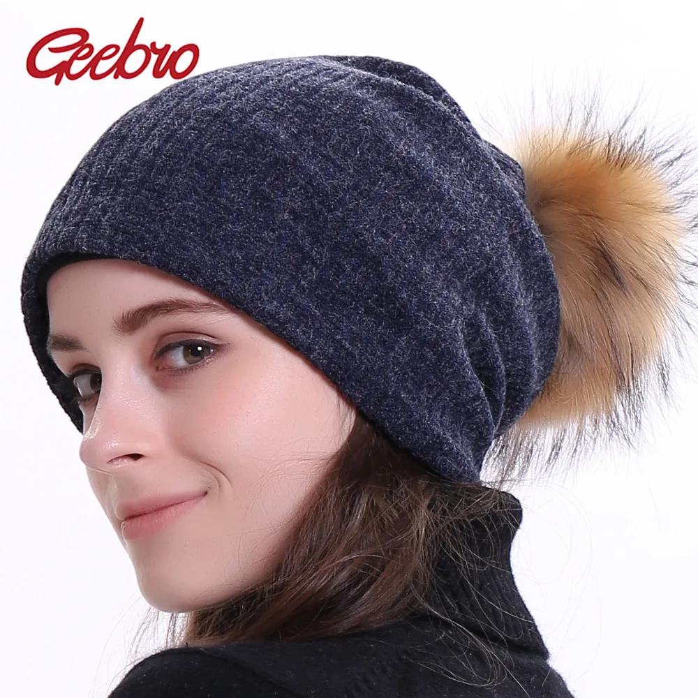 

Geebro Women's Ribbed Beanie Hat with Pompom Winter Plain Soft Warm Slouchy Beanies with Raccoon Fur Pompom Girls Balavaca Hat