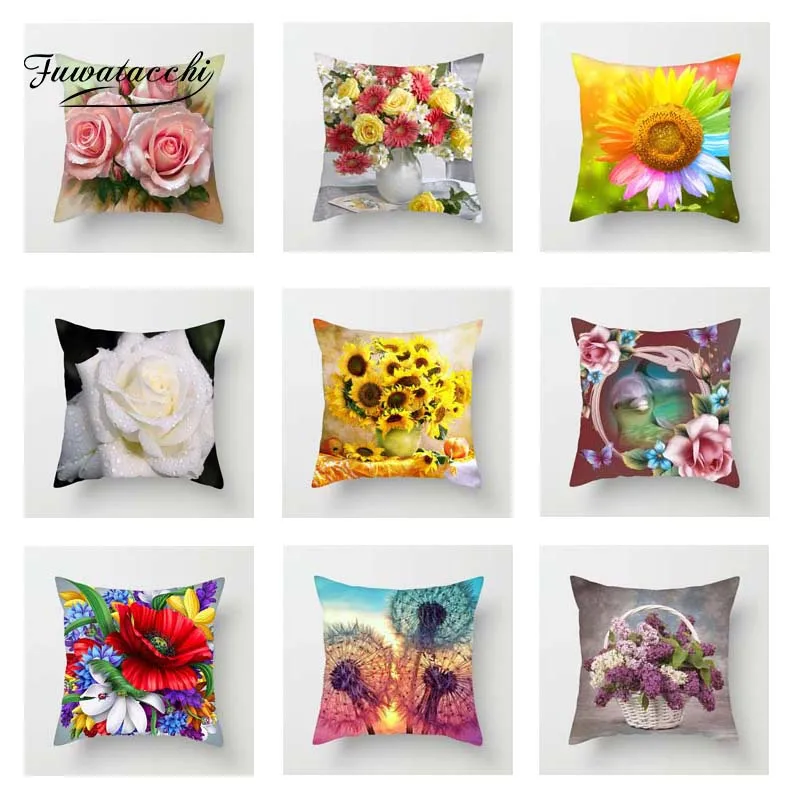 

Fuwatacchi Floral Series Cushion Cover Sunflower Rose Dandelion Flower Decorative Cover Pillows Home Sofa Decoration