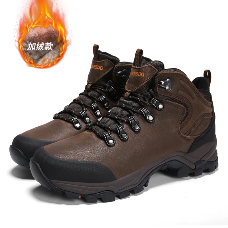 

High-top hiking shoes sneakers men plus velvet thick non-slip walking shoes leather trekking outdoor cotton hiking boots