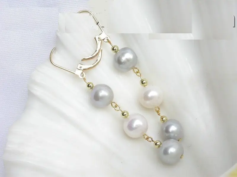 

Free shipping Charming AAA ++genuine Natural South Sea White Gray Pearl Earrings Gold 925silver