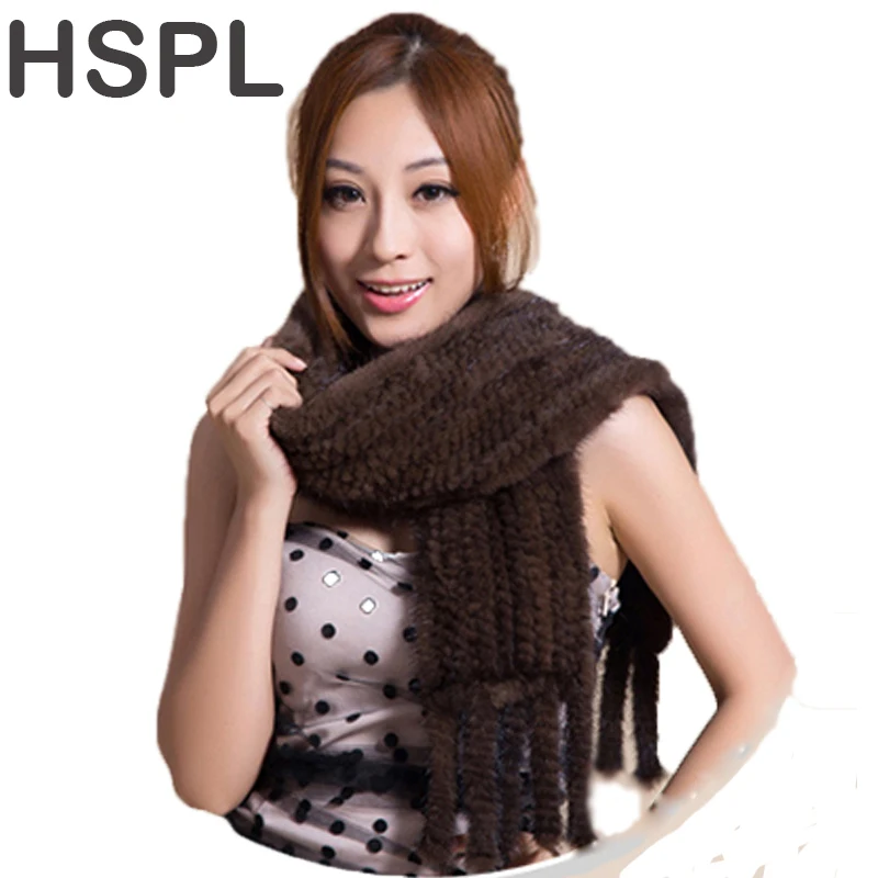 HSPL горячая Распродажа шарф из натурального меха норки женский вязаный натуральный мех норки шарфы черный и коричневый цвет шарф
