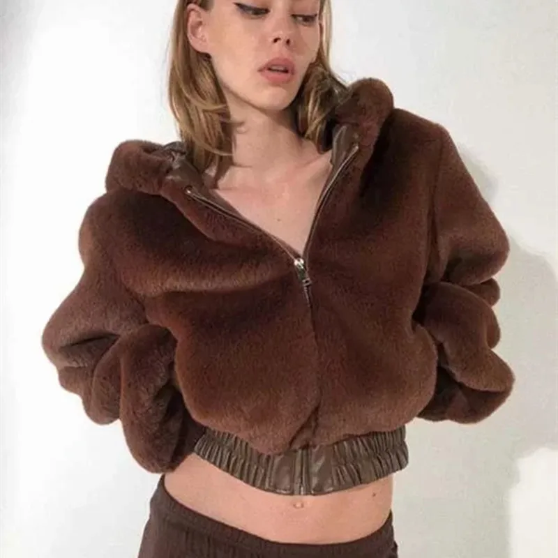Solid Hooded Faux Fur Teddy Coats Women High Street Thick Outwear Teddy Jackets And Coats Ladies 