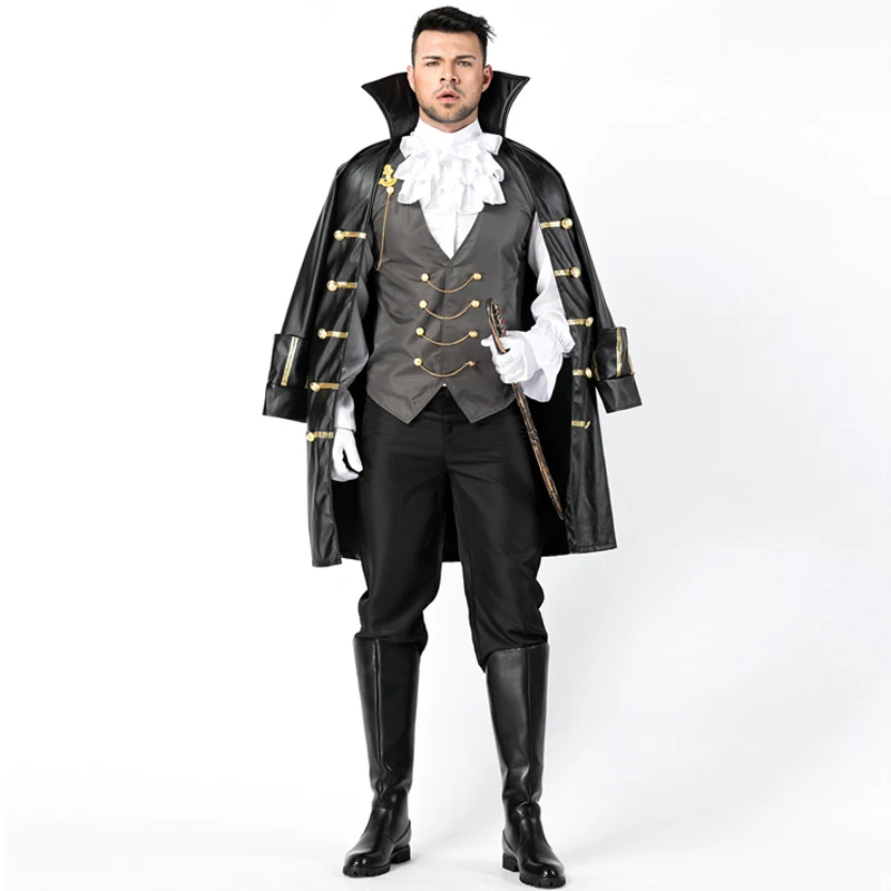 Граф вампиров костюм Дракулы Хэллоуин мужской костюм рыцаря капитан пират фантазия маскарадный костюм - Цвет: Черный