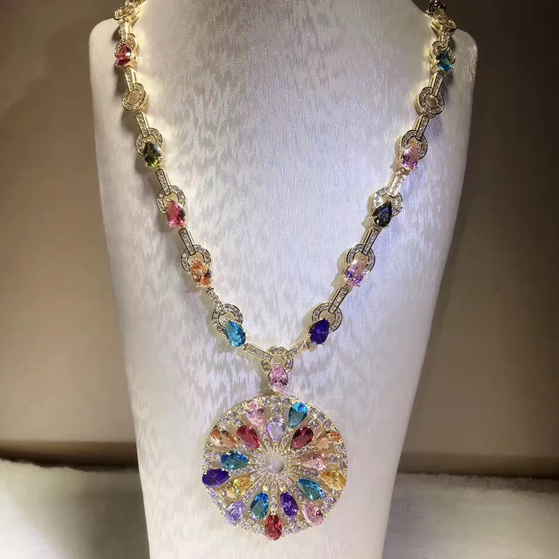 

ZOZIRI Designer Fashion Copper Jewelry Cubic Zirconia Party Necklace muti color stone choker round disc rainbow crystal pendant