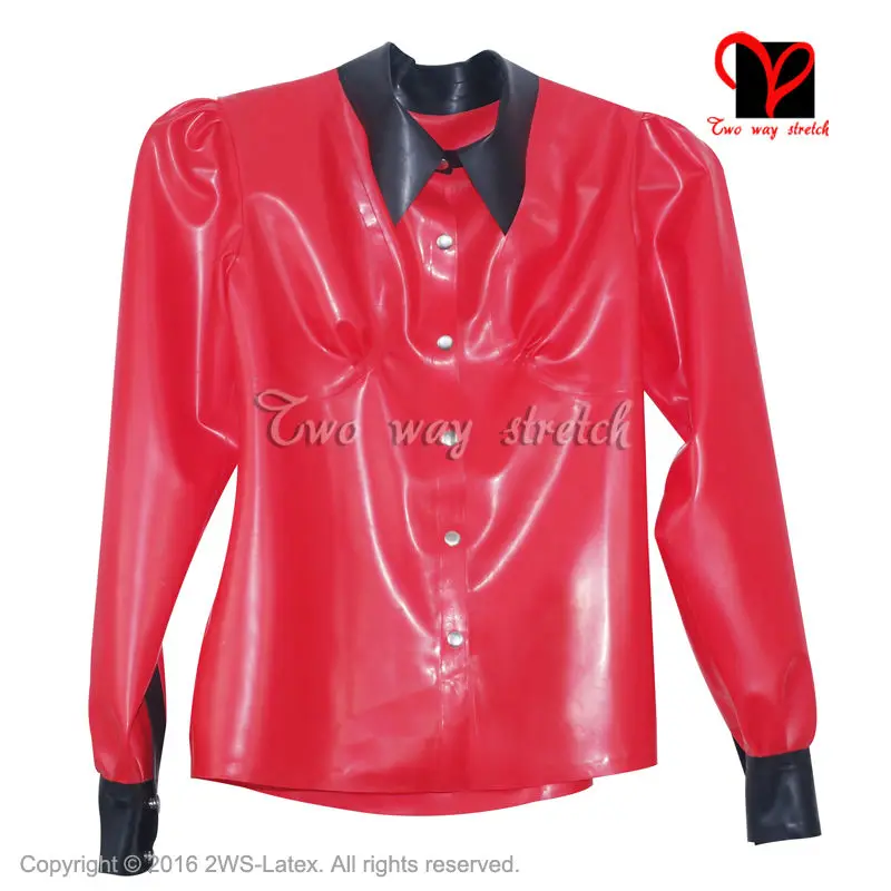 Сексуальная Красная школьная латексная блузка с длинным рукавом резиновая Униформа рубашка Топ Gummi одежда размера плюс XXXL SY-027