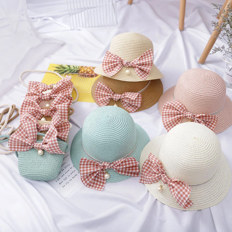 New Children Bag Straw Hat Set Hand-woven Bow Single Shoulder Bag Sun Straw Hats LMH66