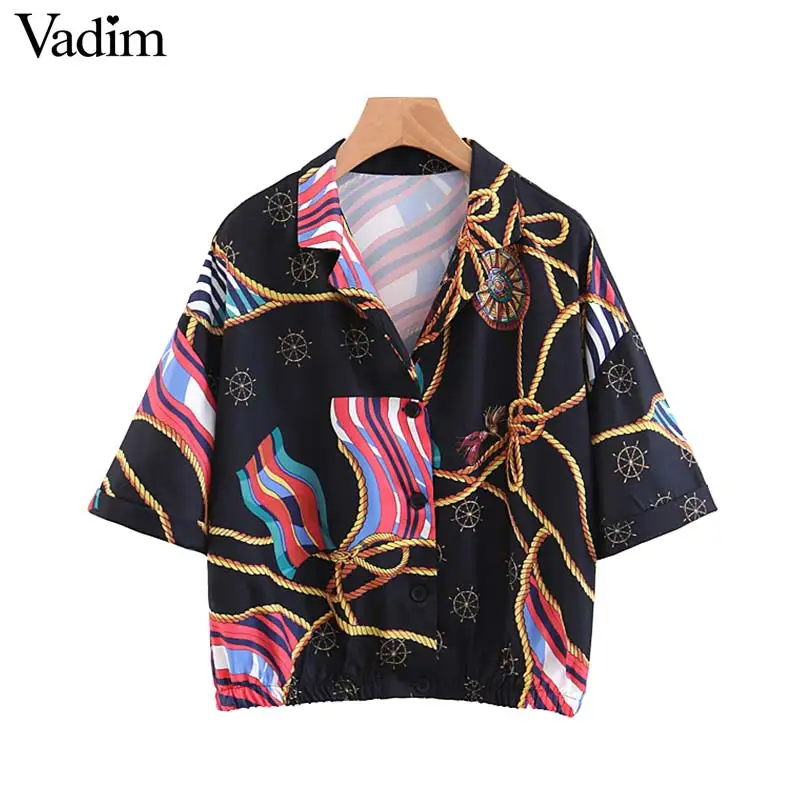 

Vadim women chains print loose crop top short sleeve blouse short style elastic hem shirt female casual tops blusas DA258
