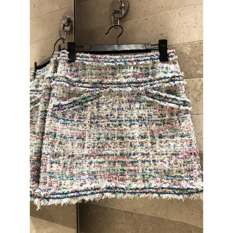

Women's coarse flower mini half skirt 2019 autumn winter zipper pocket Colorful tweed high waist skirt high quality silk lining