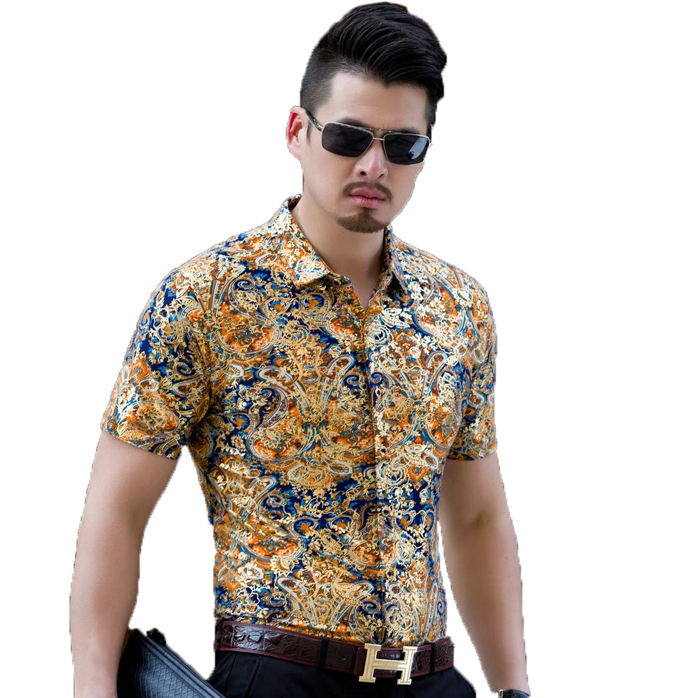 Модная мужская летняя рубашка Slim Fit с коротким рукавом Блузка Мужская зеленый красный желтый цветочный принт топы Мужские Умные